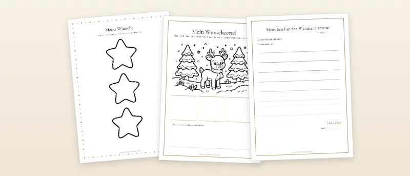 Wunschzettel-Vorlage: Sterne zum Malen und Einkleben, Malvorlage mit Rentier und Tannen und Brief an den Weihnachtsmann mit Linien