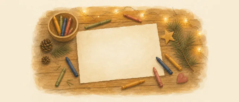 Leerer Wunschzettel auf einem Holztisch mit Buntstiften, Tannenzweigen und Lichterkette im warmen Licht