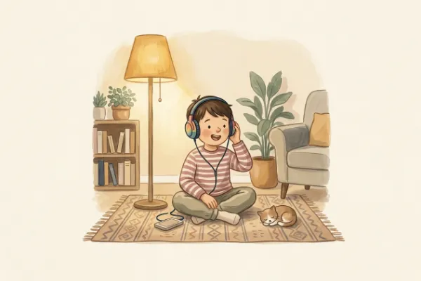 Illustration: Kind mit Kopfhörern lauscht vergnügt Zungenbrechern als Audio zum Nachsprechen.