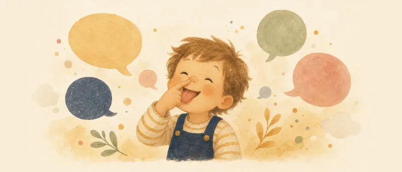 Illustration: Ein lachendes Kind macht lustige Zungenbewegungen für Zungenbrecher, umgeben von leeren Sprechblasen.
