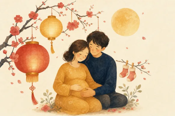 Werdende Eltern unter Papierlaternen, Vollmond und Pflaumenblüten, daneben Babysöckchen