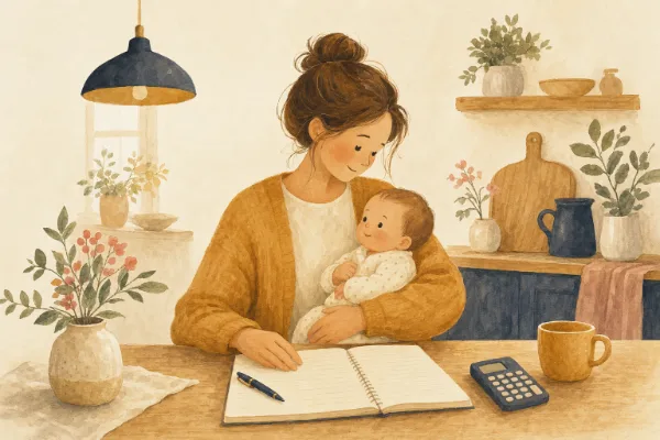 Elternteil mit Baby am Küchentisch mit Notizbuch und Taschenrechner