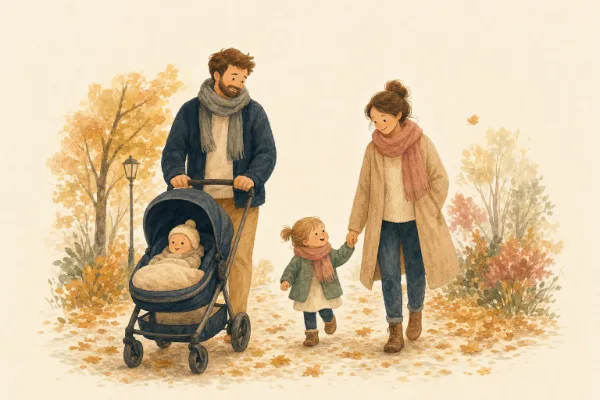 Familie mit Kinderwagen und Kleinkind beim Spaziergang im Herbstpark