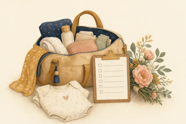 Gepackte Kliniktasche, Klemmbrett mit Checkliste, Babybody und Blumen