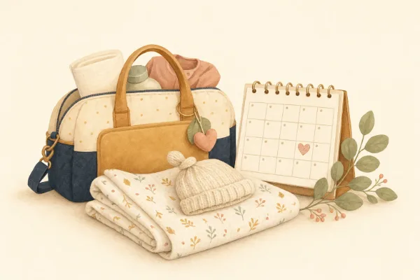 Gepackte Kliniktasche, Babydecke, Mützchen und Kalender mit markiertem Tag