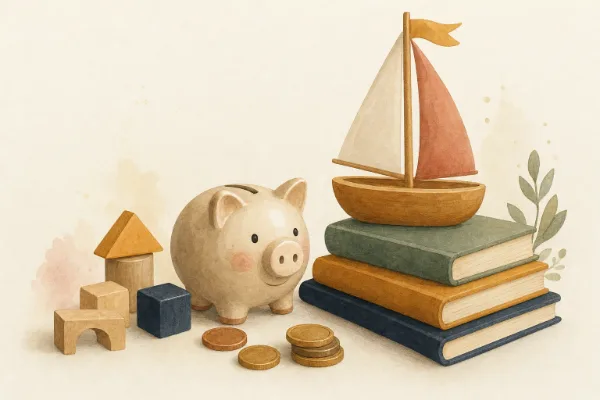 Sparschwein mit Münzen, Holzklötze, Kinderbücher und ein Spielzeugboot