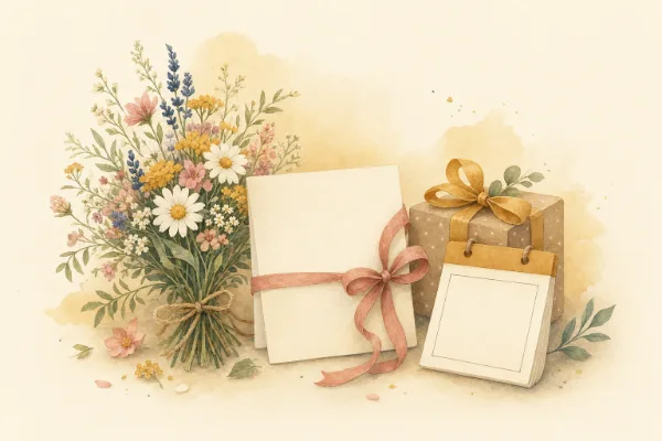 Wiesenblumenstrauß, Grußkarte mit Schleife, Geschenk und Kalenderblatt