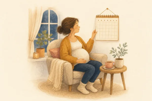 Schwangere Frau im Sessel schaut auf einen Wandkalender