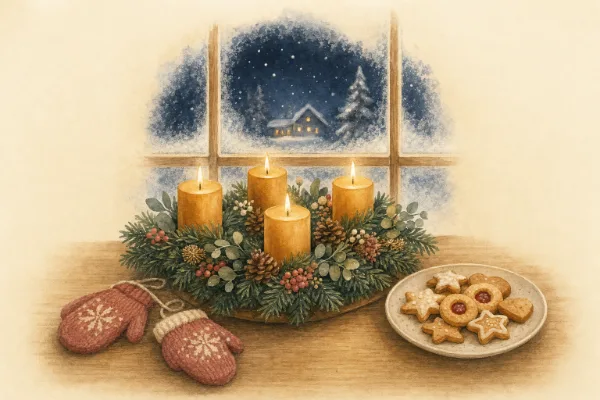 Adventskranz mit vier Kerzen vor einem verschneiten Fenster