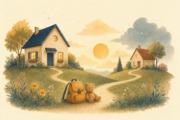 Zwei kleine Häuser, verbunden durch einen Weg mit Kinderrucksack und Teddy